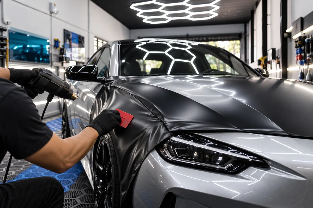 Aplicação de vinil preto fosco em carro prata com soprador térmico